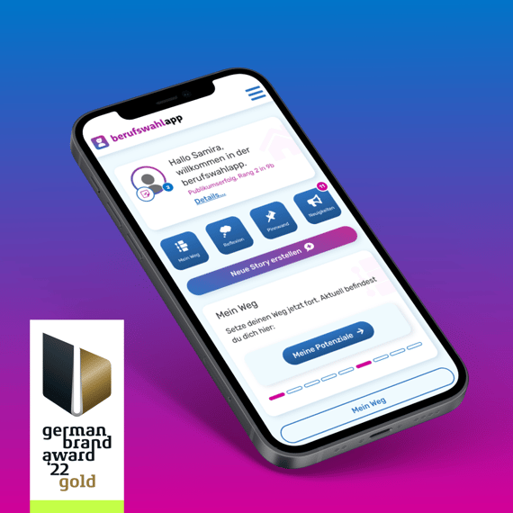 A smartphone displaying the user interface of the career choice app. The interactive features of the app are visible in the foreground. On the bottom left is the logo of the German Brand Award 2022 in gold. | Digital Agency SUNZINET